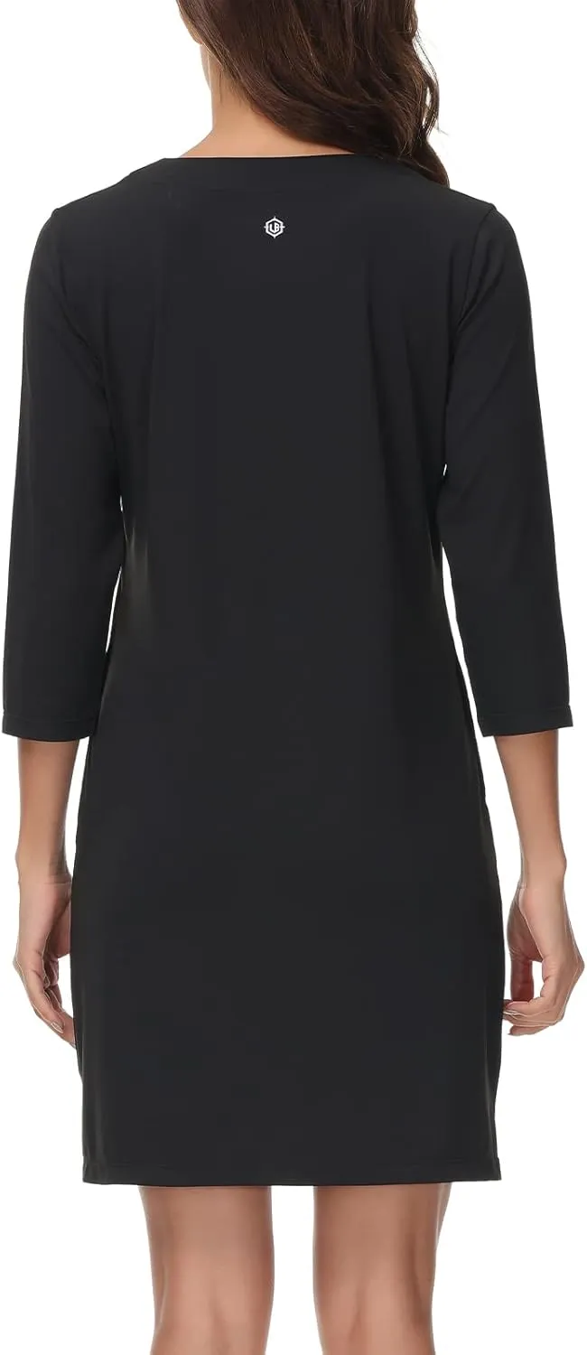 Lightbare Women’s 3/4 Sleeve Dress with Pockets UPF 50  Casual Sun Dress Breathable Quick Dry for Beach Hiking Outdoors Party