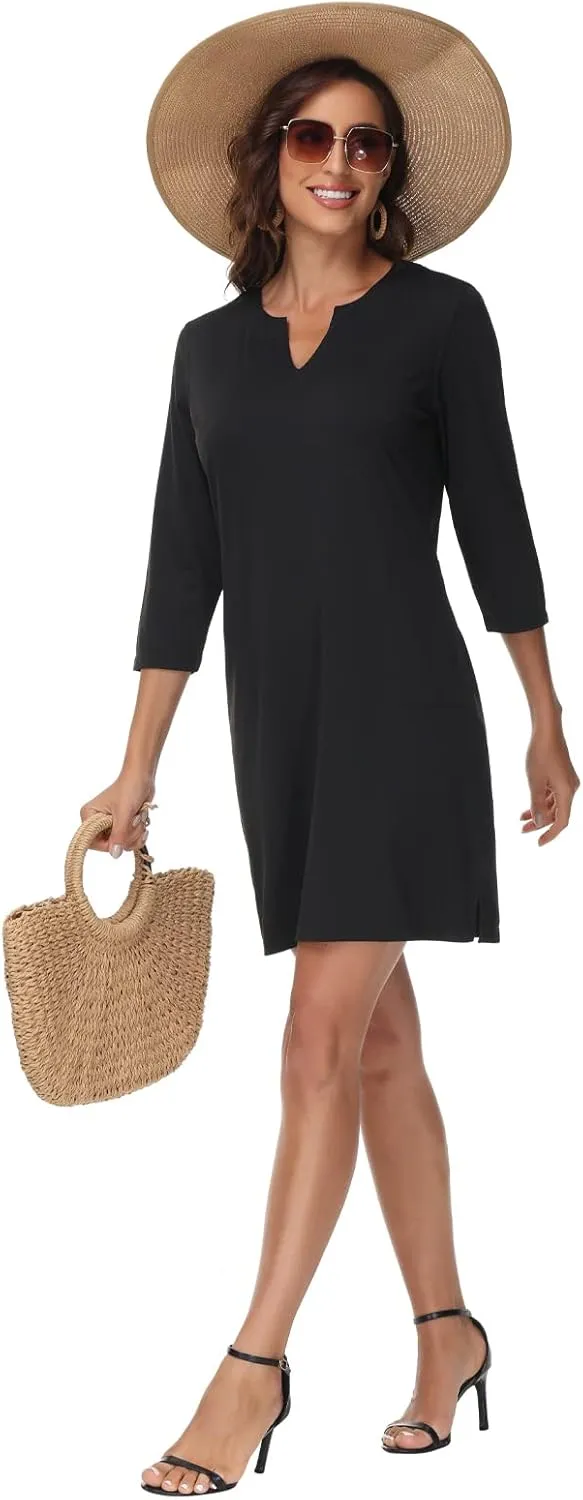 Lightbare Women’s 3/4 Sleeve Dress with Pockets UPF 50  Casual Sun Dress Breathable Quick Dry for Beach Hiking Outdoors Party