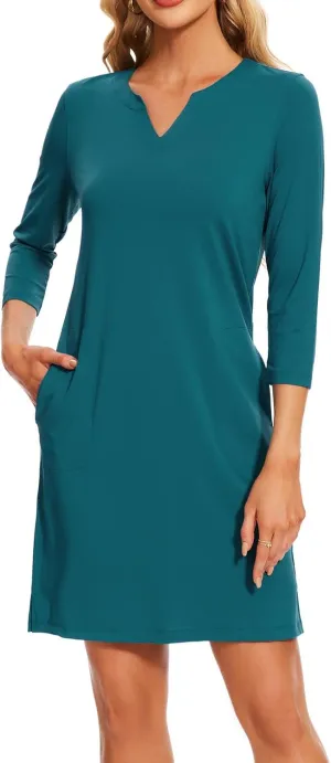 Lightbare Women’s 3/4 Sleeve Dress with Pockets UPF 50  Casual Sun Dress Breathable Quick Dry for Beach Hiking Outdoors Party