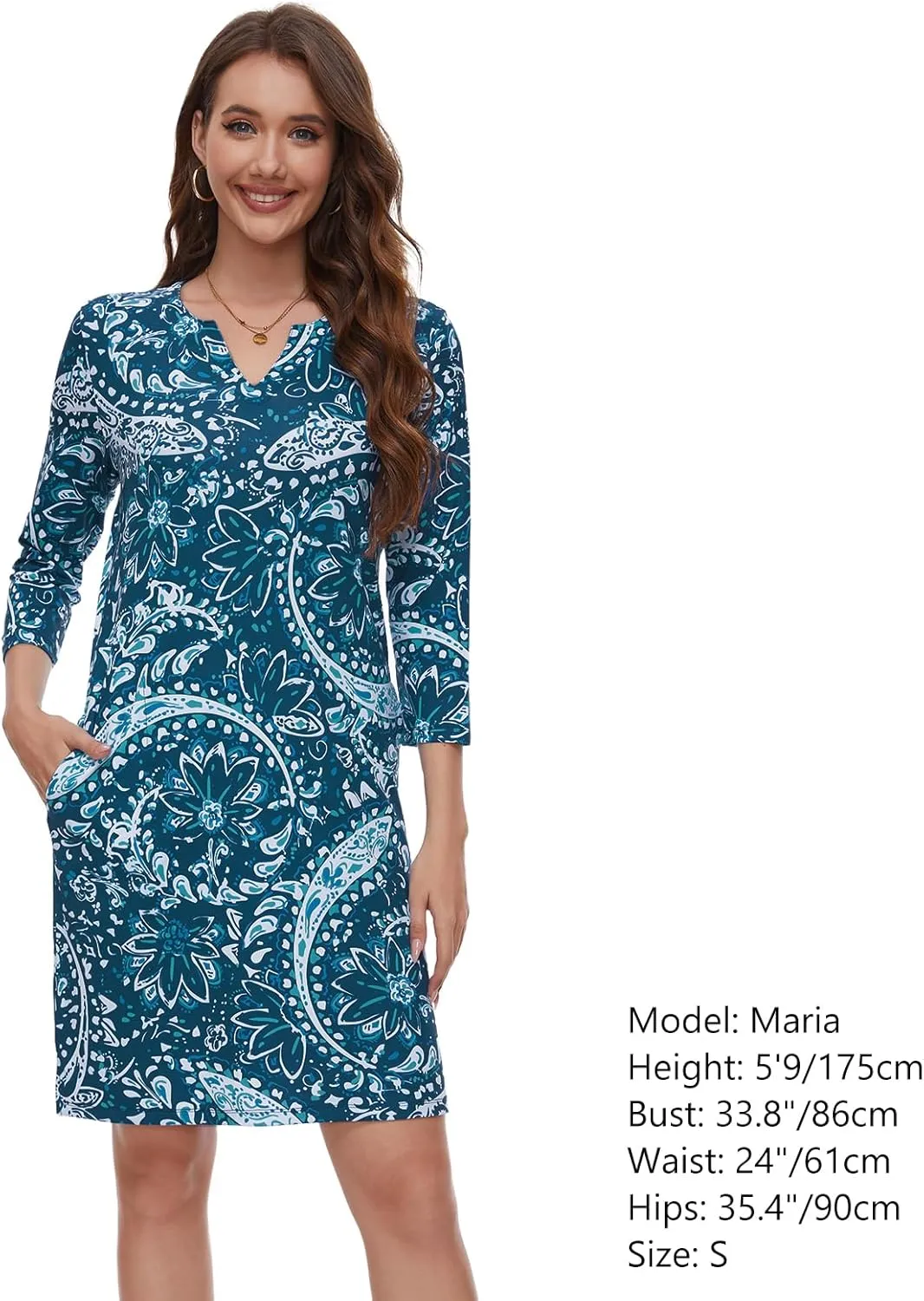 Lightbare Women’s 3/4 Sleeve Dress with Pockets UPF 50  Casual Sun Dress Breathable Quick Dry for Beach Hiking Outdoors Party