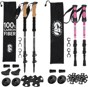 Lightweight Collapsible Trekking Poles for Kids (Pink) & Carbon Fiber Aluminum Walking Sticks with Cork Grips (Black) with Flip Locks, Adjustable for All Heights for Hiking, Backpacking & Camping