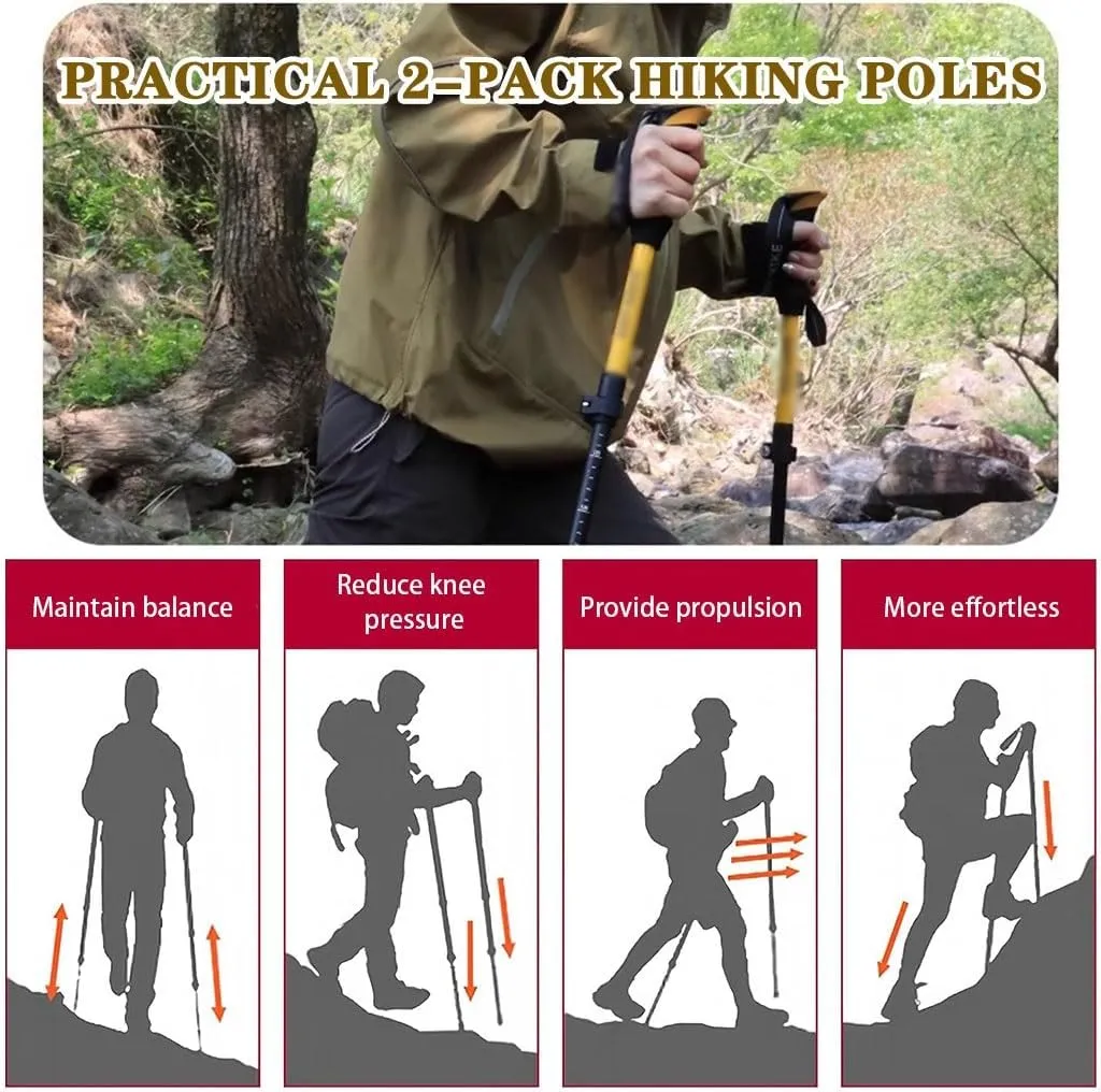 Lightweight Folding Walking Sticks, 2pc Adjustable Trekking Poles, Tri-fold Design Hiking Gear, for Backpacking