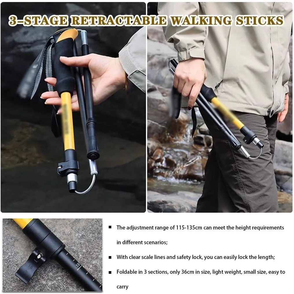 Lightweight Folding Walking Sticks, 2pc Adjustable Trekking Poles, Tri-fold Design Hiking Gear, for Backpacking