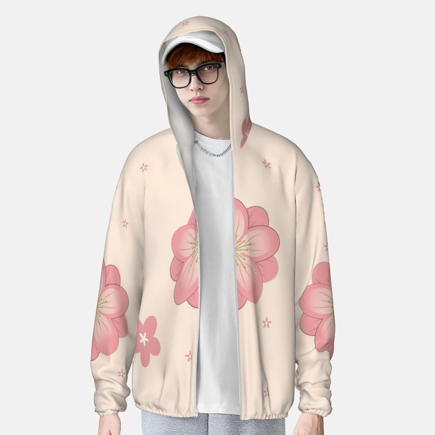Lightweight UV Protection Sun Jacket, Pink Cherry Blossoms Print Sportswear Hooded Sunblock Shirt for Outdoor