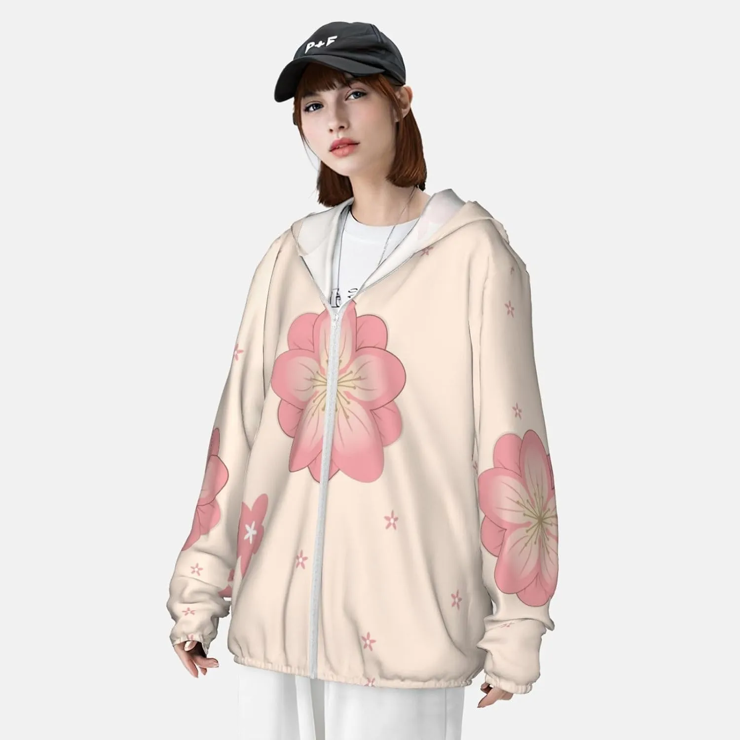 Lightweight UV Protection Sun Jacket, Pink Cherry Blossoms Print Sportswear Hooded Sunblock Shirt for Outdoor