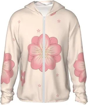 Lightweight UV Protection Sun Jacket, Pink Cherry Blossoms Print Sportswear Hooded Sunblock Shirt for Outdoor