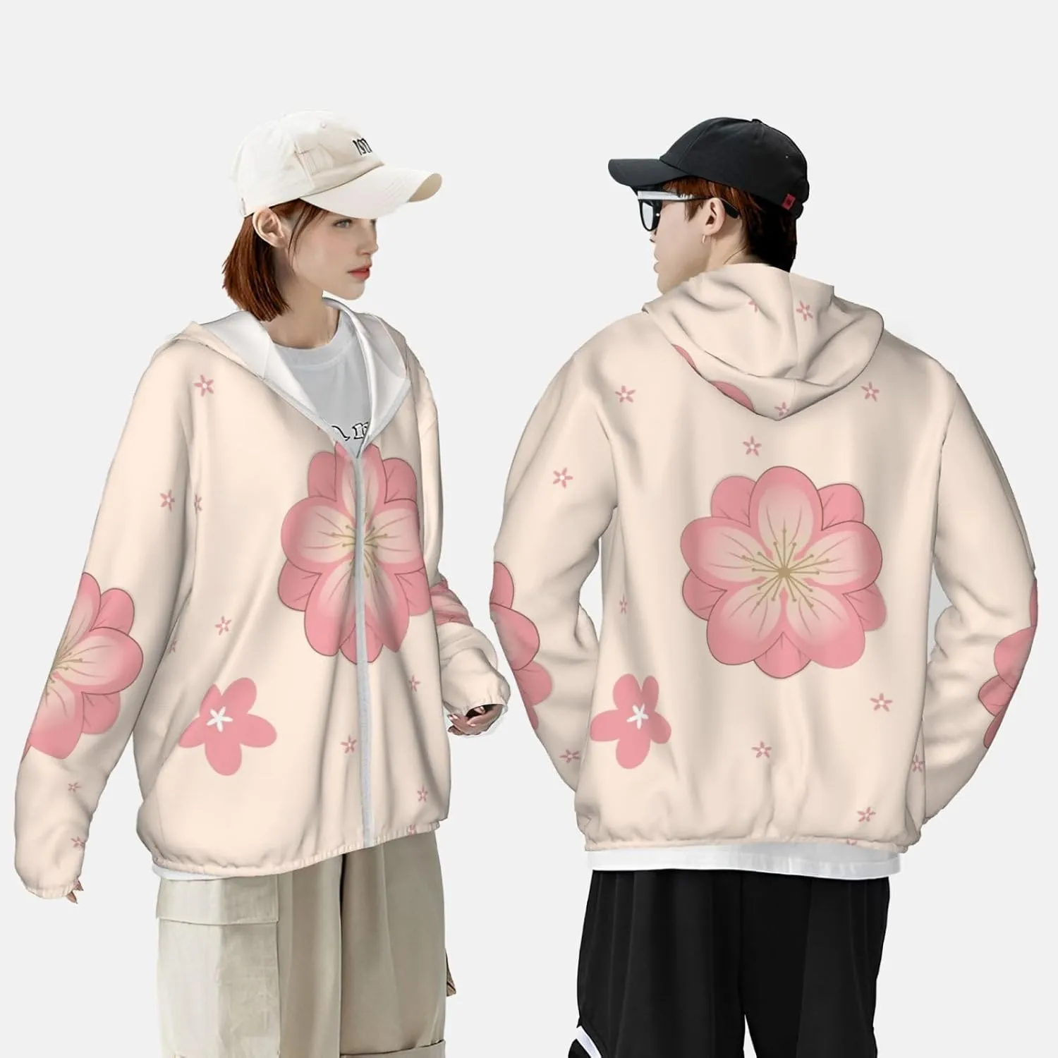 Lightweight UV Protection Sun Jacket, Pink Cherry Blossoms Print Sportswear Hooded Sunblock Shirt for Outdoor