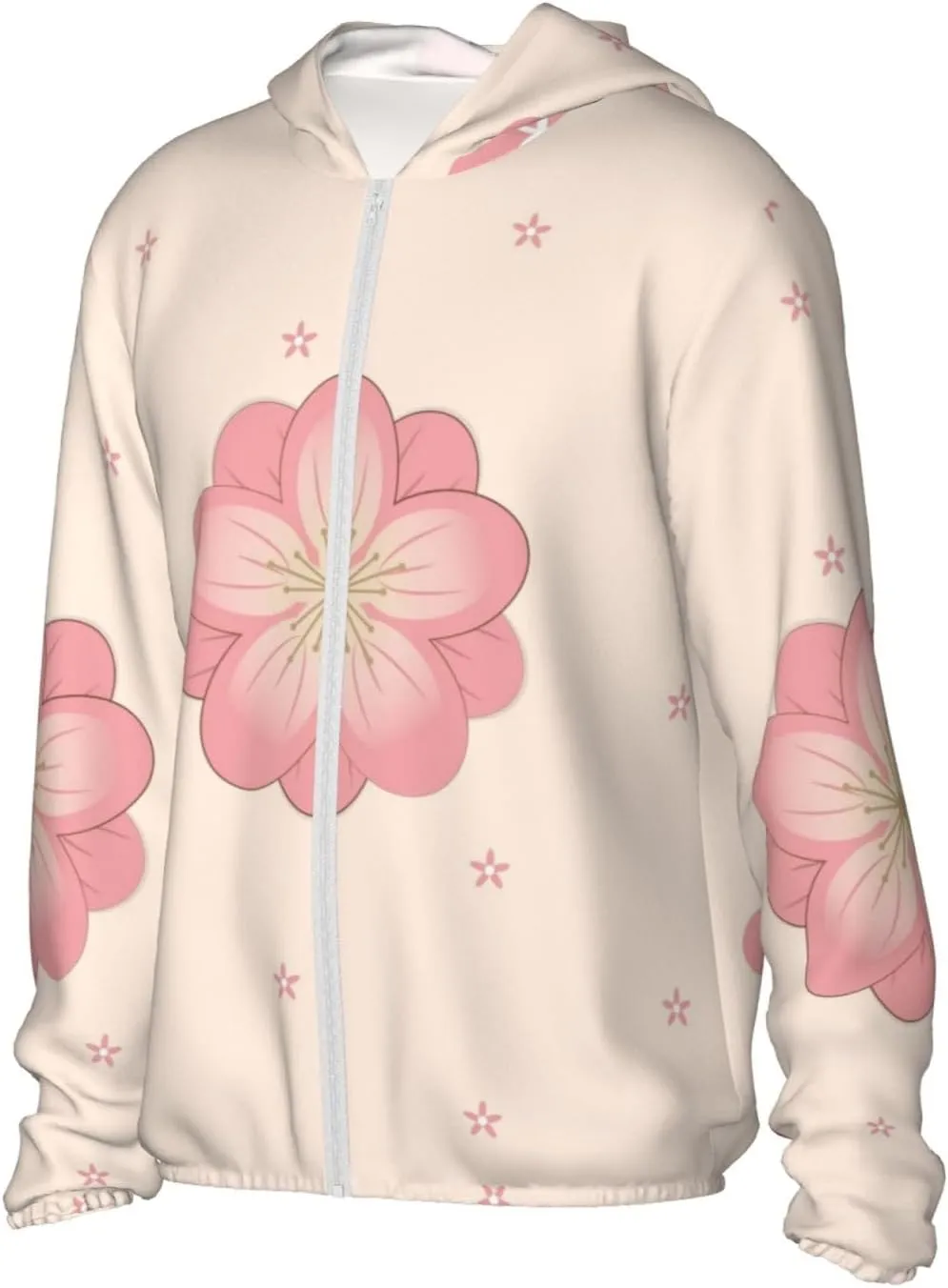 Lightweight UV Protection Sun Jacket, Pink Cherry Blossoms Print Sportswear Hooded Sunblock Shirt for Outdoor