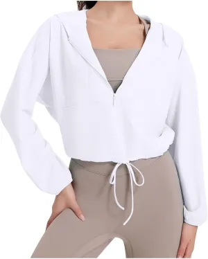 Lightweight Workout Jacket for Women Cropped Athletic Gym Running Hoodie UV Protection Half Zip Pullover UPF 50 