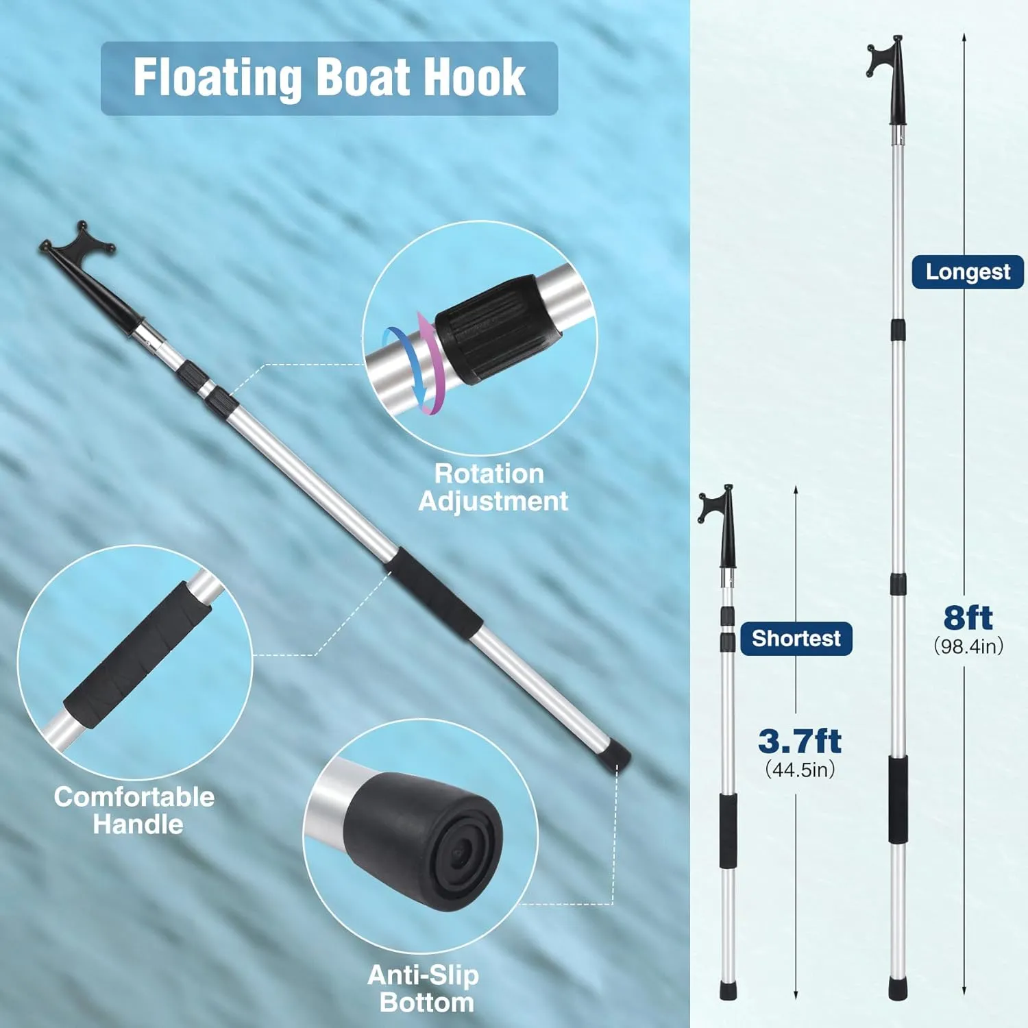 Lineslife Boat Hooks for Docking,12ft Telescoping Pole with Hook,Sturdy and Lightweight Push Pole for Boat Accessories,3ft/8ft