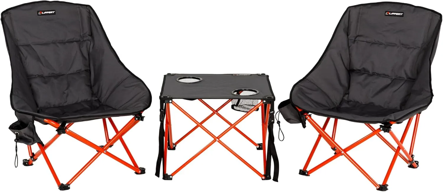 Lippert Baja Overlanding 3-Piece Chair & Table Set, 600-Denier Polyester Folding Chairs, Dual Cupholders, Innovative Scoop for Ultimate Comfort, Fold-up Convenience - 2023053719