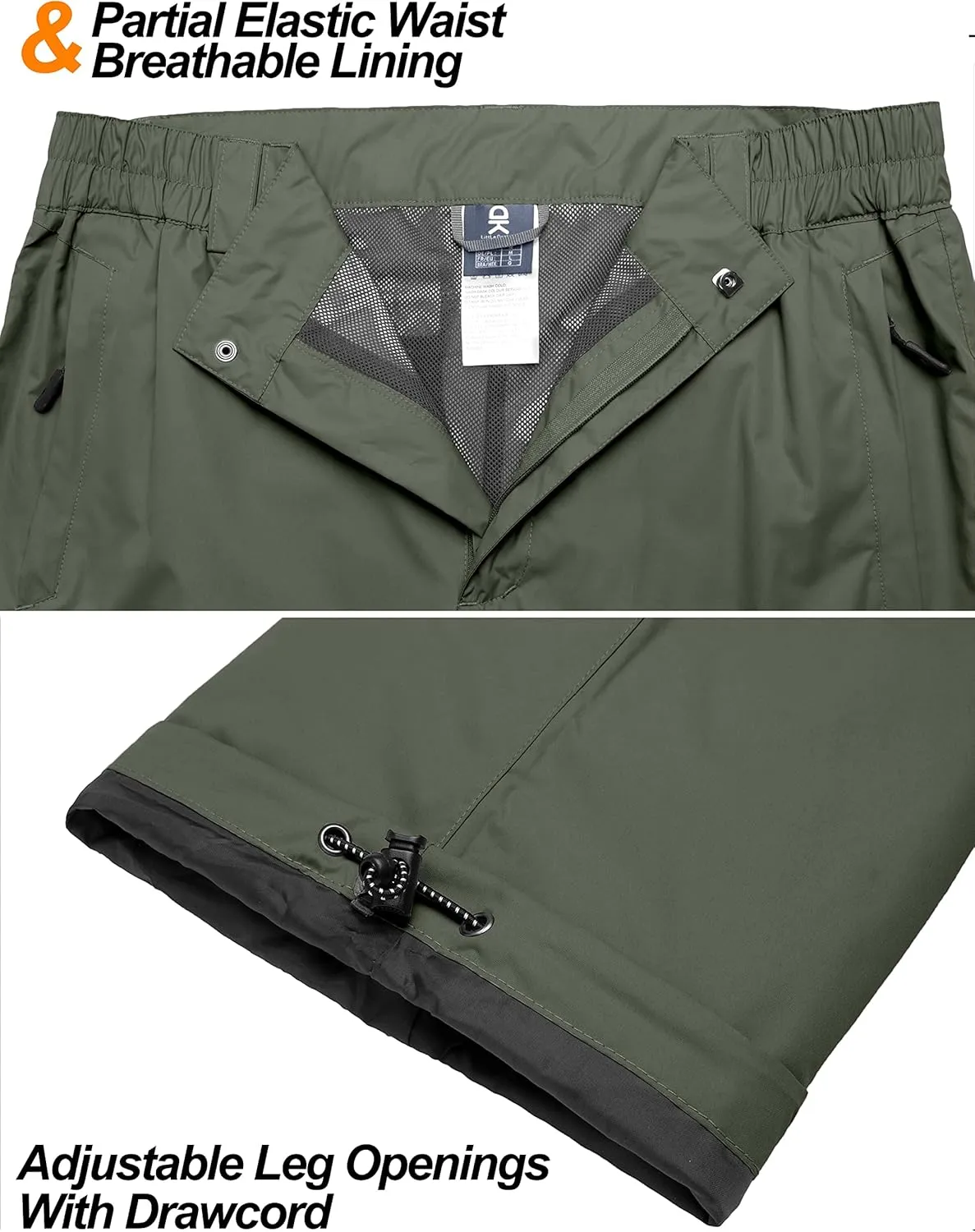 Little Donkey Andy Men's Lightweight Waterproof Rain Pants Breathable Hiking Pant for Outdoor Fishing