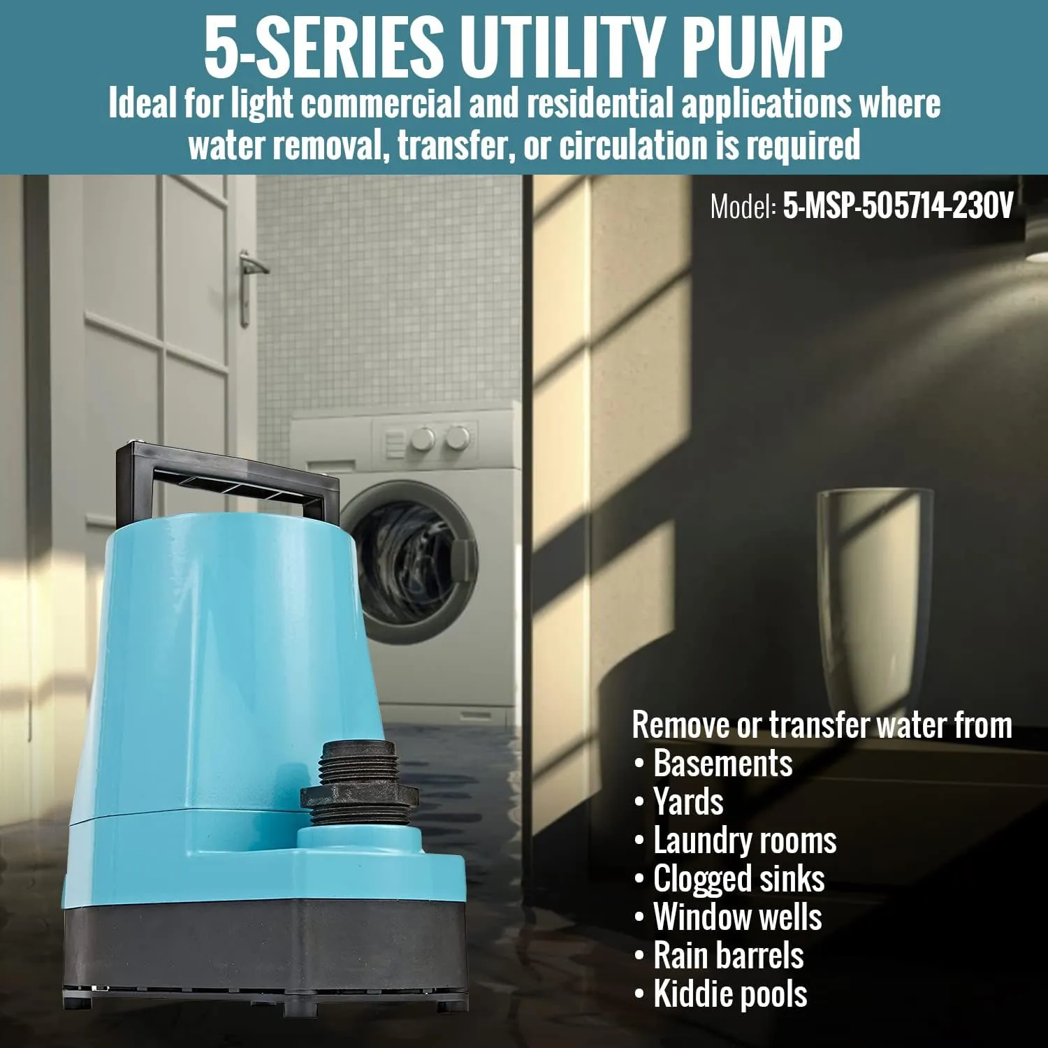 Little Giant 5-MSP 230-Volt, 1/6 HP, 1500 GPH Manual Aluminum Utility Pump, 12-Ft. Cord (plug-less), Blue, 505714