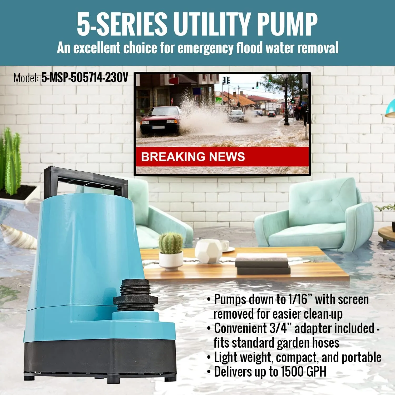 Little Giant 5-MSP 230-Volt, 1/6 HP, 1500 GPH Manual Aluminum Utility Pump, 12-Ft. Cord (plug-less), Blue, 505714