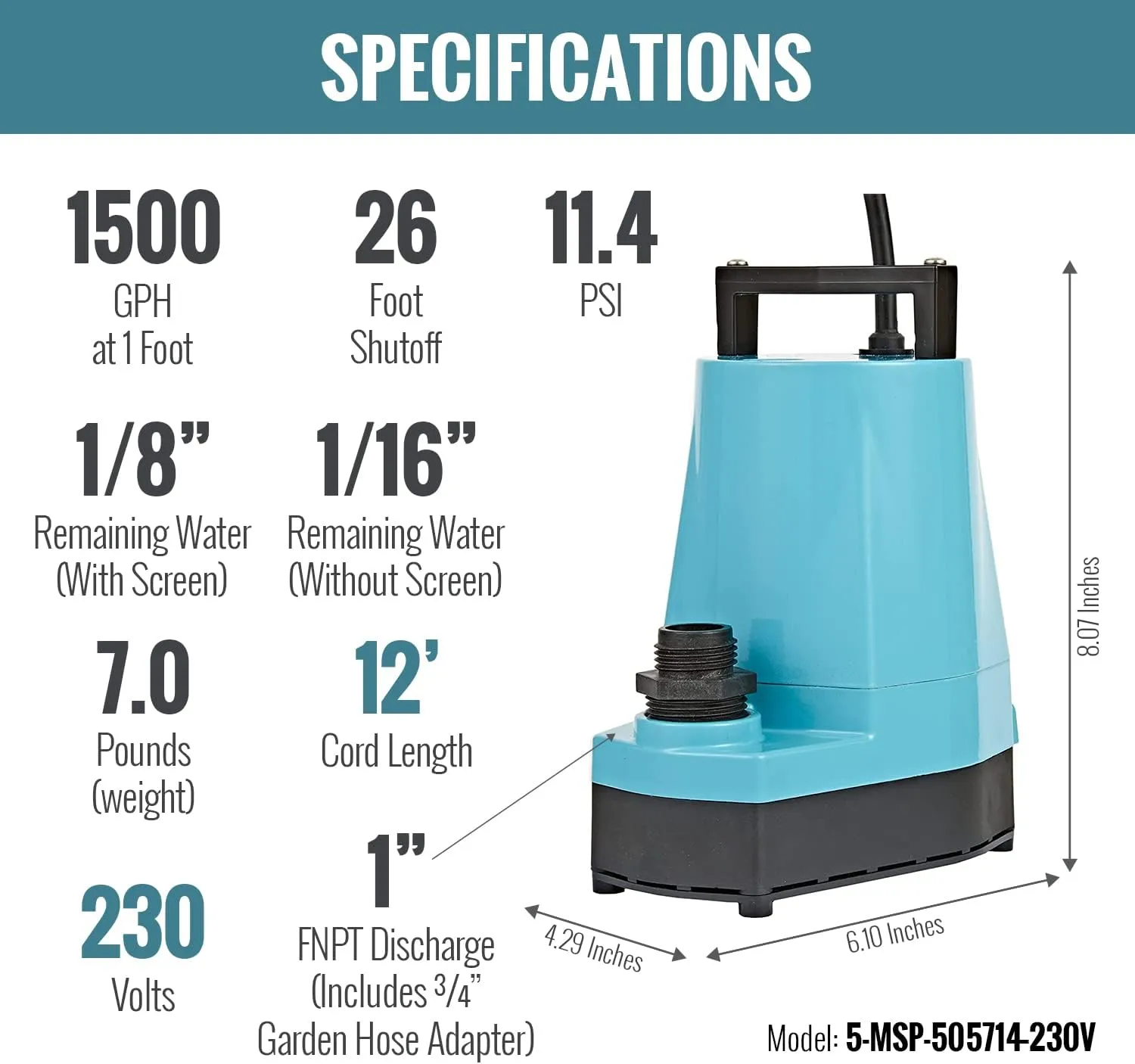 Little Giant 5-MSP 230-Volt, 1/6 HP, 1500 GPH Manual Aluminum Utility Pump, 12-Ft. Cord (plug-less), Blue, 505714