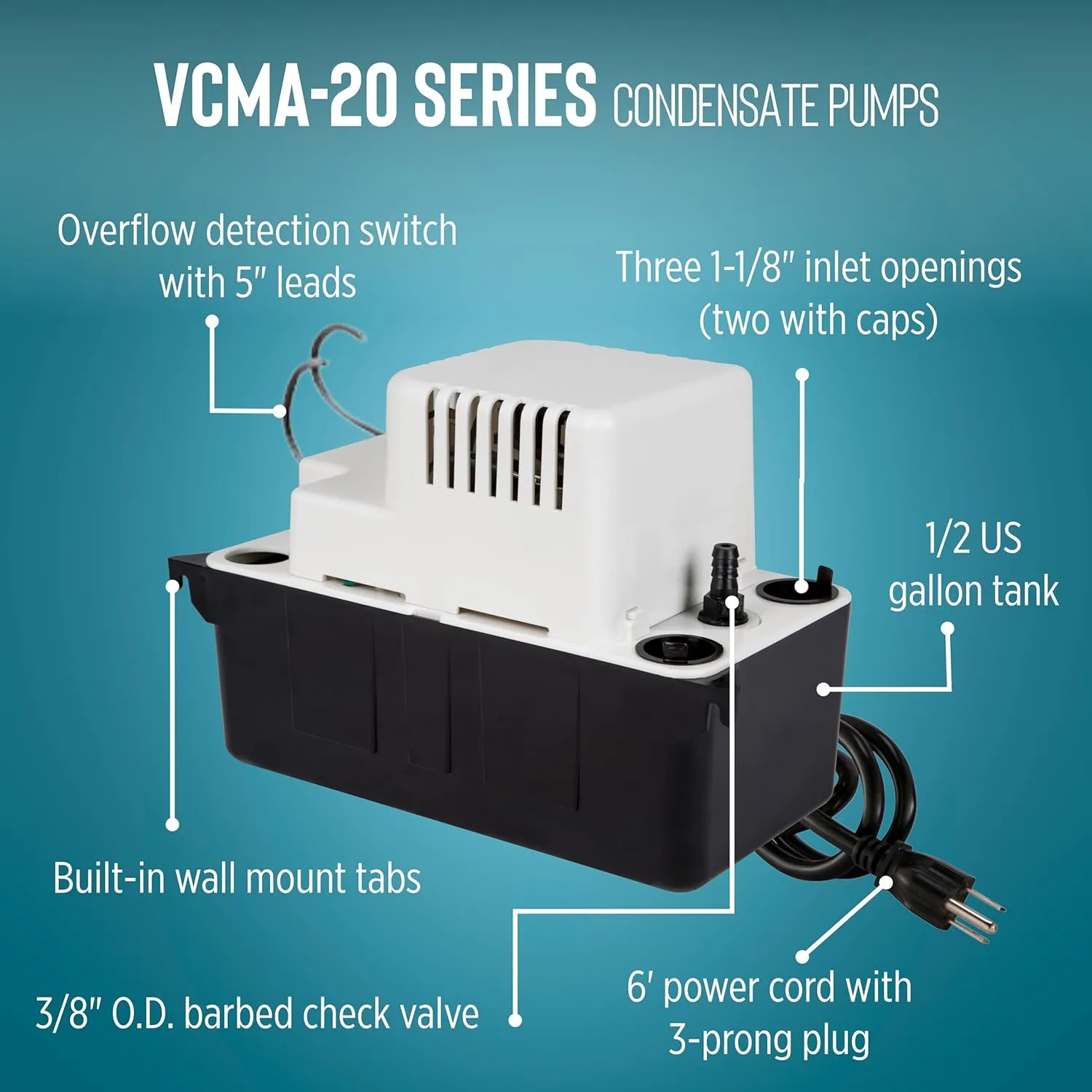 Little Giant VCMA-20ULST 115 Volt, 80 GPH, 1/30 HP Automatic Condensate Removal Pump for HVAC/Refrigeration Systems/Dehumidifers with Overflow Detection Switch and 20-Foot Tubing, White/Black, 554435