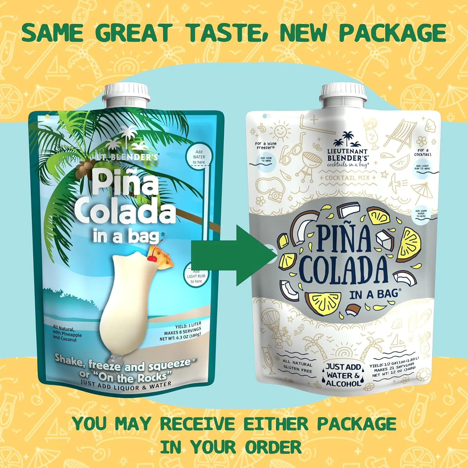 Lt. Blender's Pina Colada in a Bag – Pina Colada Drink Mix - Each Bag Makes 1/2 Gallon of Slushie Pina Coladas – Cocktail Mix - Make a Cocktail, Wine Slushie or Mocktail - (Pack of 5)