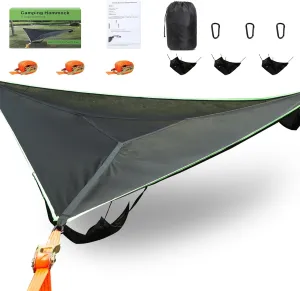 LUKETURE Triangle Hammock, 13ft Multi Person 3 Point Camping Hammocks Max 1100 lbs for 2-4 Adult Kid, Large Tree Hammocks w/ 3 Tie Down Straps Net Pocket, Outdoor Tree Hammock