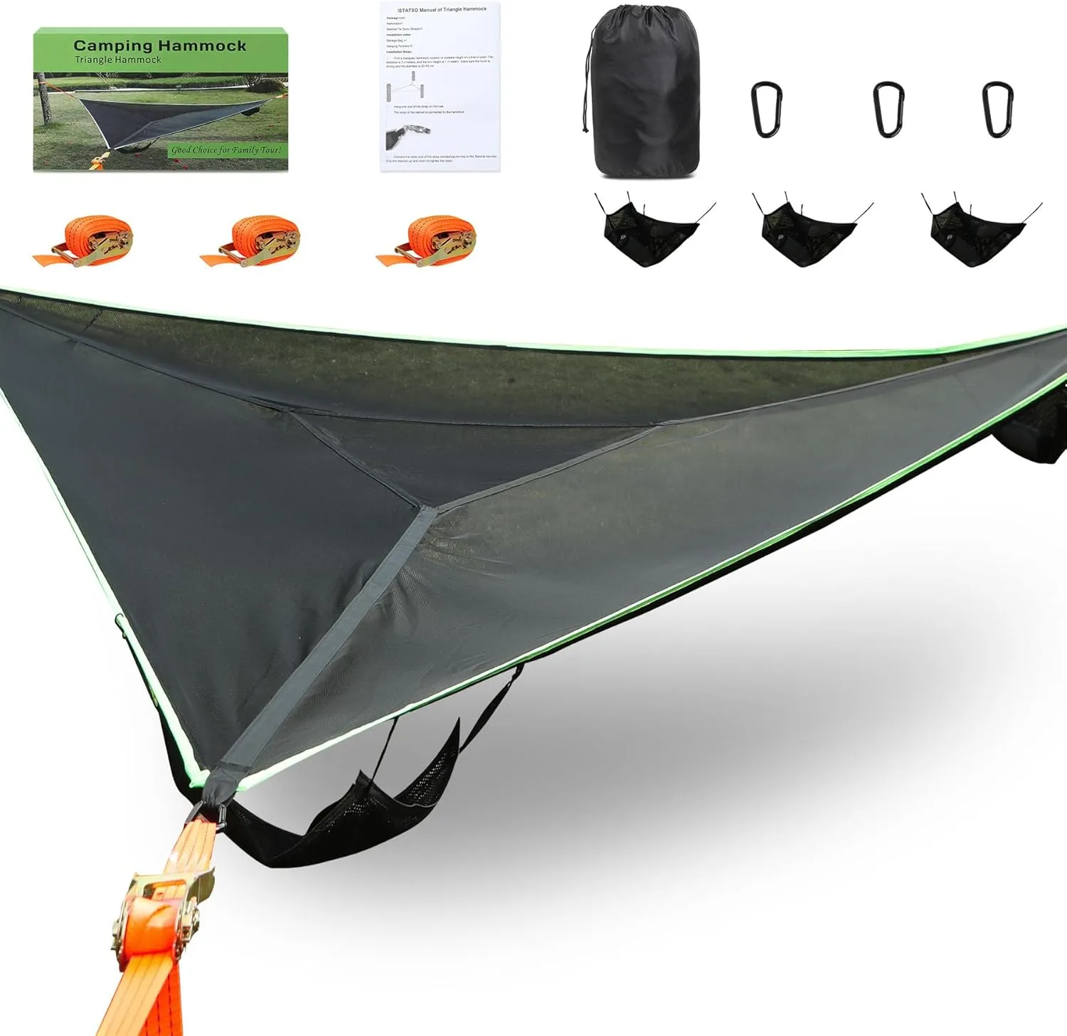 LUKETURE Triangle Hammock, 13ft Multi Person 3 Point Camping Hammocks Max 1100 lbs for 2-4 Adult Kid, Large Tree Hammocks w/ 3 Tie Down Straps Net Pocket, Outdoor Tree Hammock
