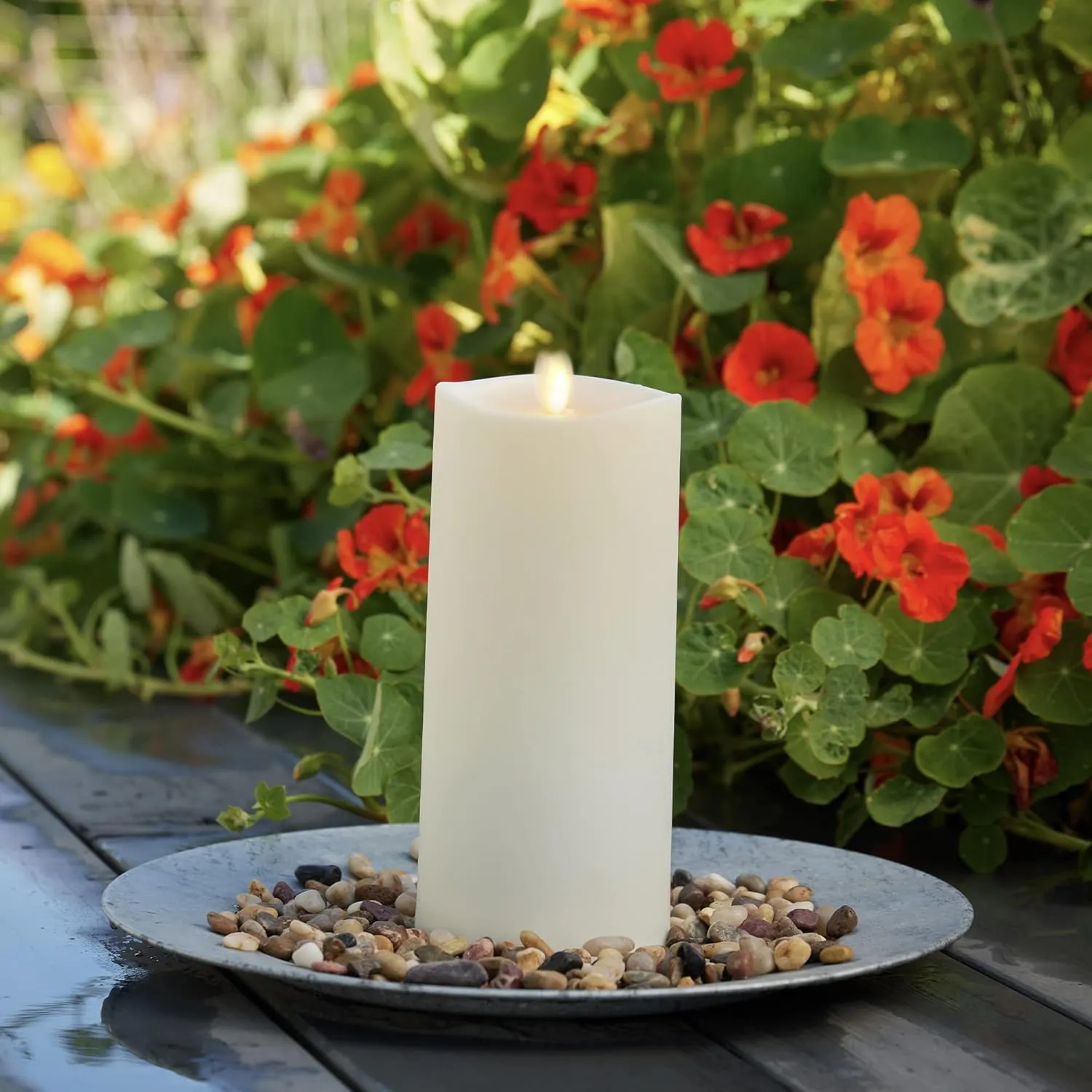 Luminara Outdoor Flameless LED Ivory Candle Melted Edge 3.75" x 9" Real Moving Flame Battery Operated Timer Plastic Weather-Resistant