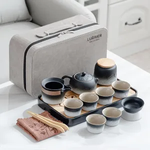 LURRIER Gongfu tea sets, Portable Ceramic TeaSet, Asian Tea sets for adult, Tea Gift sets, Grey leather case, Portable Travel Bag,Home,Gifting,Outdoor and Office(XBlack and White)