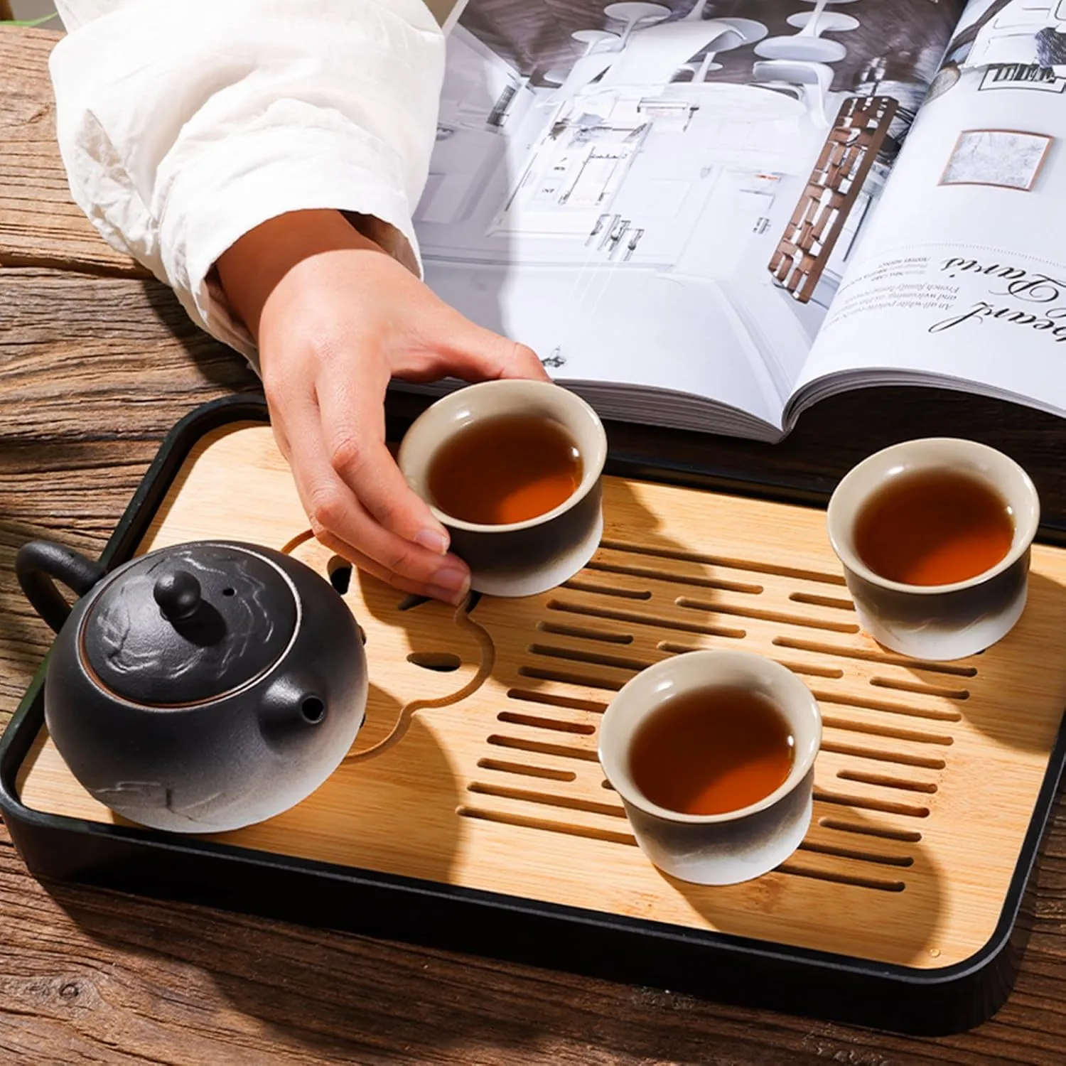 LURRIER Gongfu tea sets, Portable Ceramic TeaSet, Asian Tea sets for adult, Tea Gift sets, Grey leather case, Portable Travel Bag,Home,Gifting,Outdoor and Office(XBlack and White)
