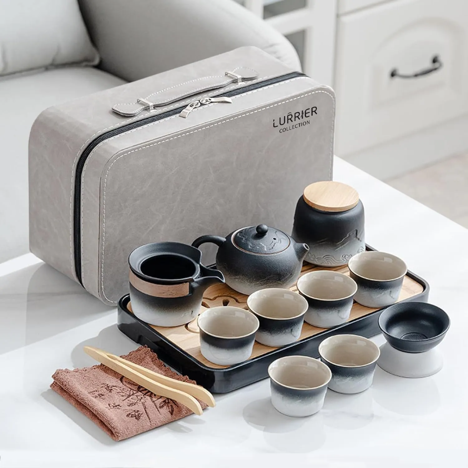 LURRIER Gongfu tea sets, Portable Ceramic TeaSet, Asian Tea sets for adult, Tea Gift sets, Grey leather case, Portable Travel Bag,Home,Gifting,Outdoor and Office(XBlack and White)