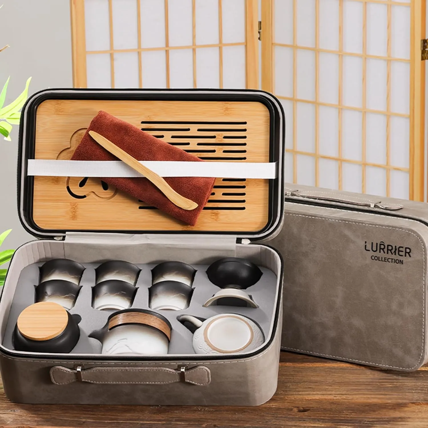 LURRIER Gongfu tea sets, Portable Ceramic TeaSet, Asian Tea sets for adult, Tea Gift sets, Grey leather case, Portable Travel Bag,Home,Gifting,Outdoor and Office(XBlack and White)