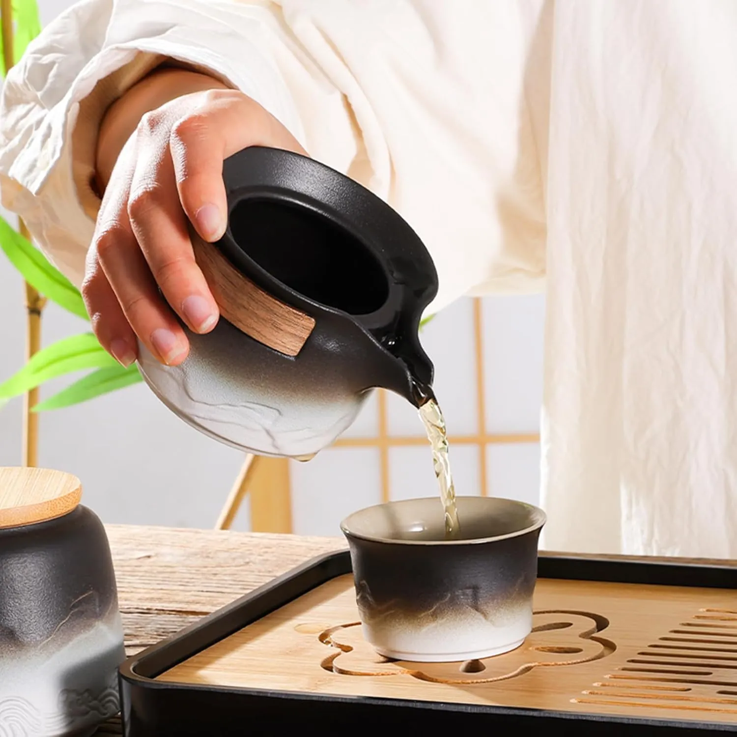 LURRIER Gongfu tea sets, Portable Ceramic TeaSet, Asian Tea sets for adult, Tea Gift sets, Grey leather case, Portable Travel Bag,Home,Gifting,Outdoor and Office(XBlack and White)