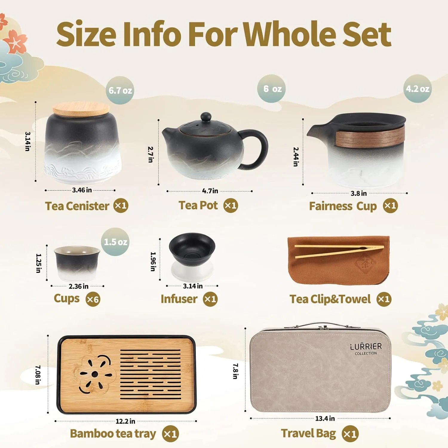LURRIER Gongfu tea sets, Portable Ceramic TeaSet, Asian Tea sets for adult, Tea Gift sets, Grey leather case, Portable Travel Bag,Home,Gifting,Outdoor and Office(XBlack and White)