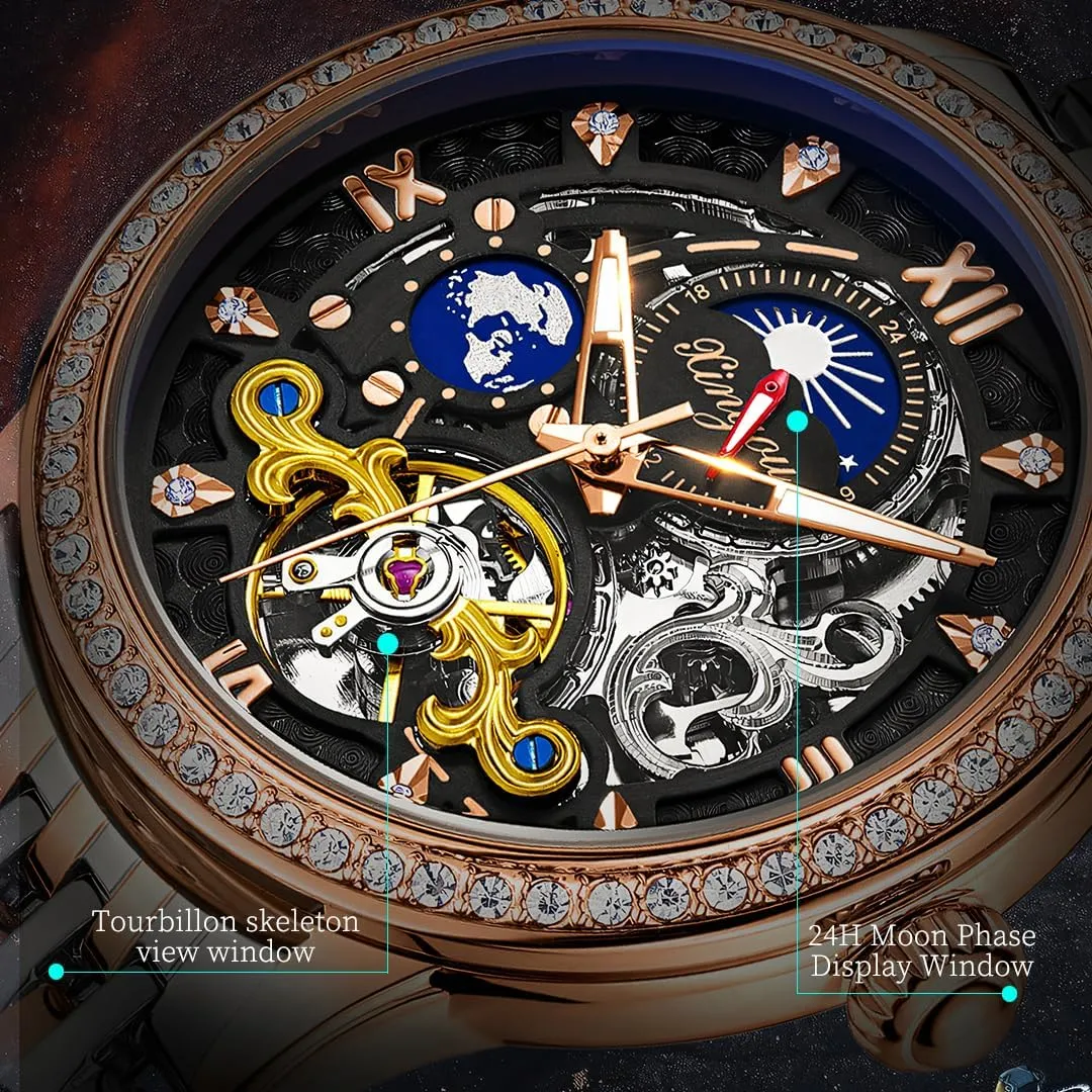 Luxury Diamond Studded Tourbillon Hollow Dial Men's Fully Automatic Stainless Steel Moon Phase Mechanical Watch Suitable for Daily Business Attire