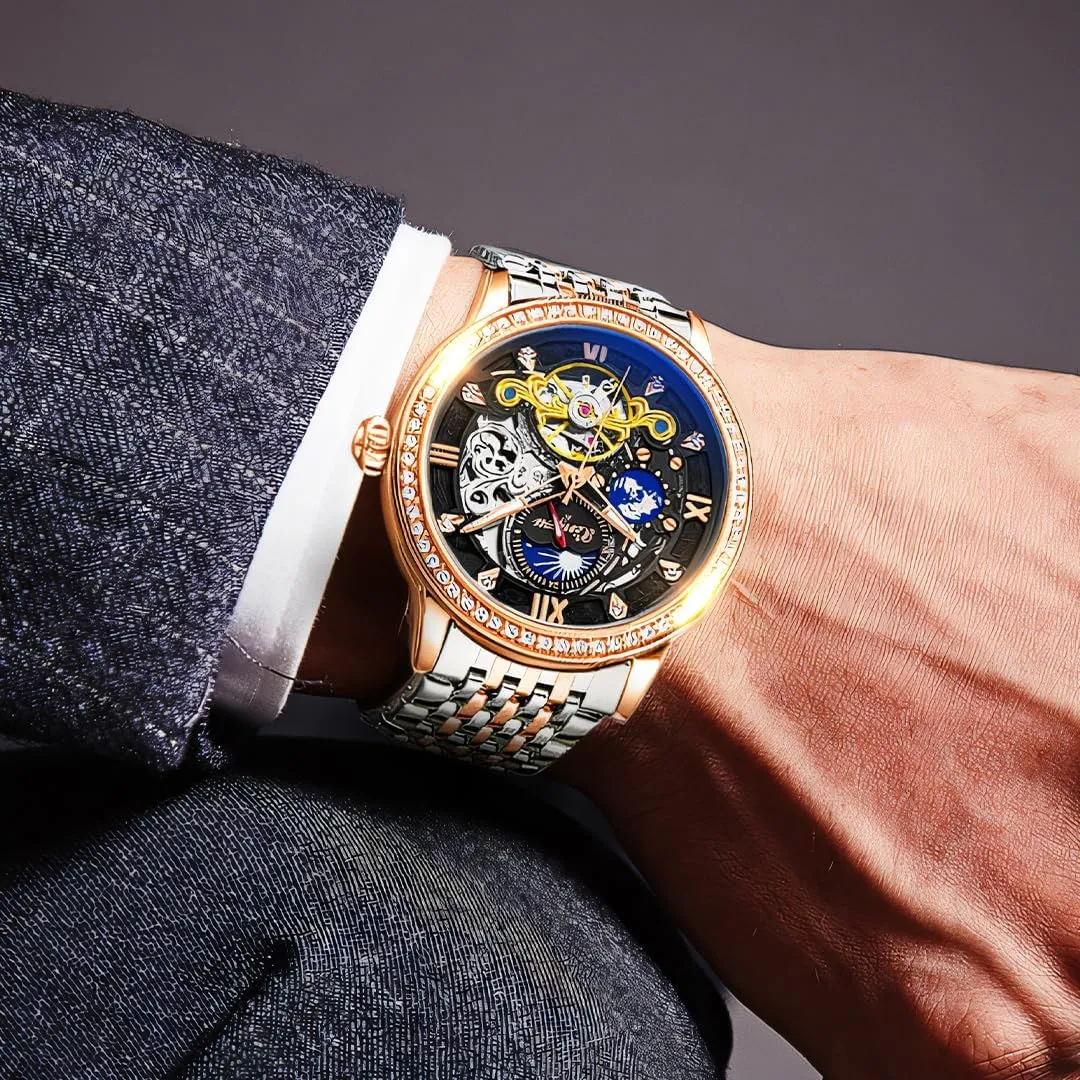 Luxury Diamond Studded Tourbillon Hollow Dial Men's Fully Automatic Stainless Steel Moon Phase Mechanical Watch Suitable for Daily Business Attire