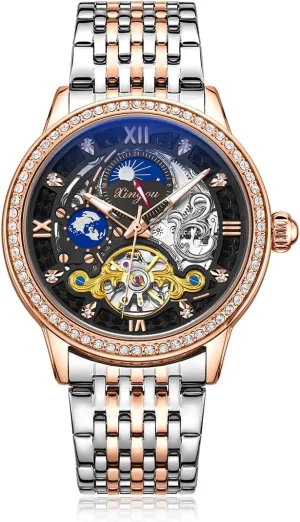 Luxury Diamond Studded Tourbillon Hollow Dial Men's Fully Automatic Stainless Steel Moon Phase Mechanical Watch Suitable for Daily Business Attire