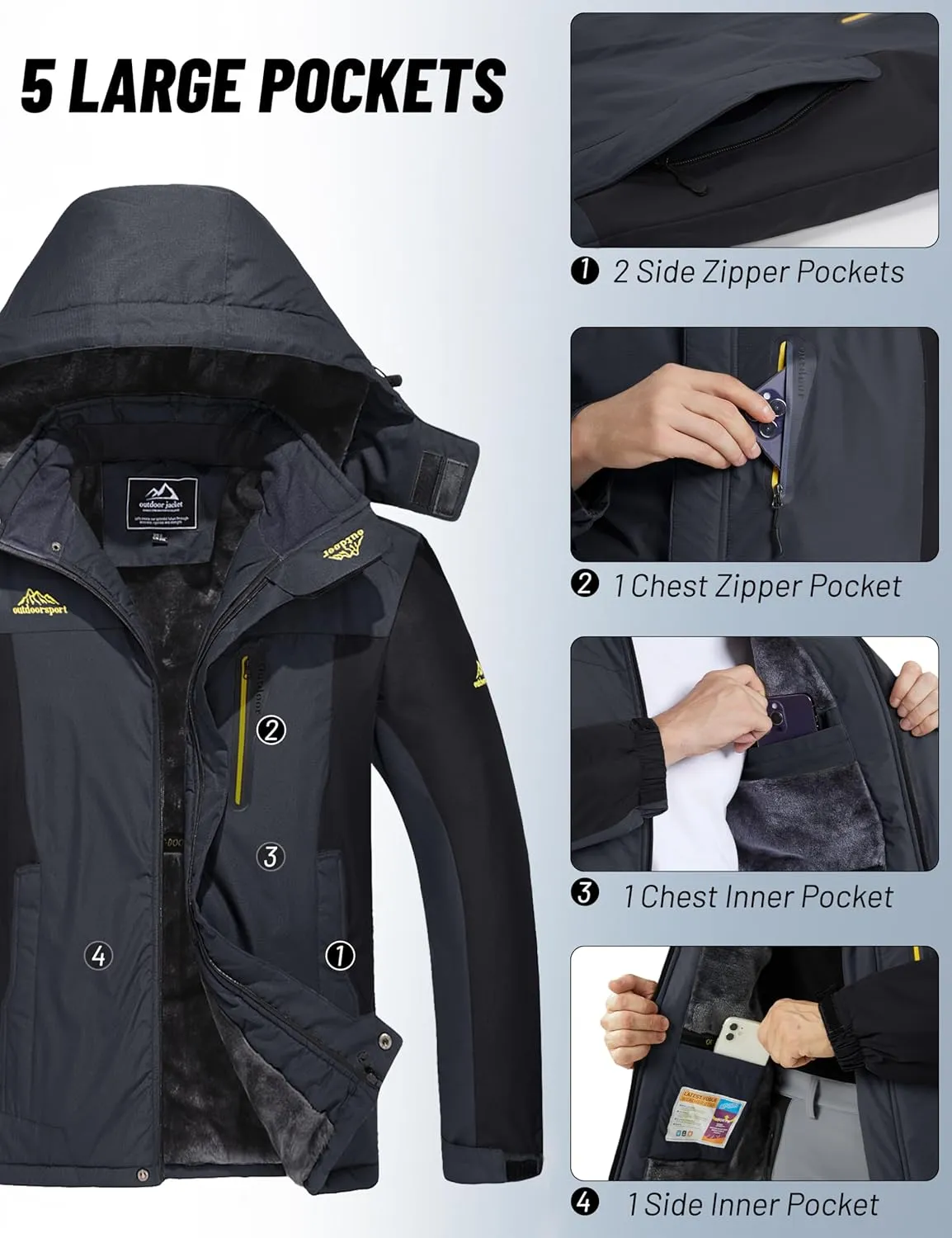 MAGCOMSEN Men's Winter Coats Water Resistant Snow Ski Jacket Fleece Lined Parka 5 Pockets