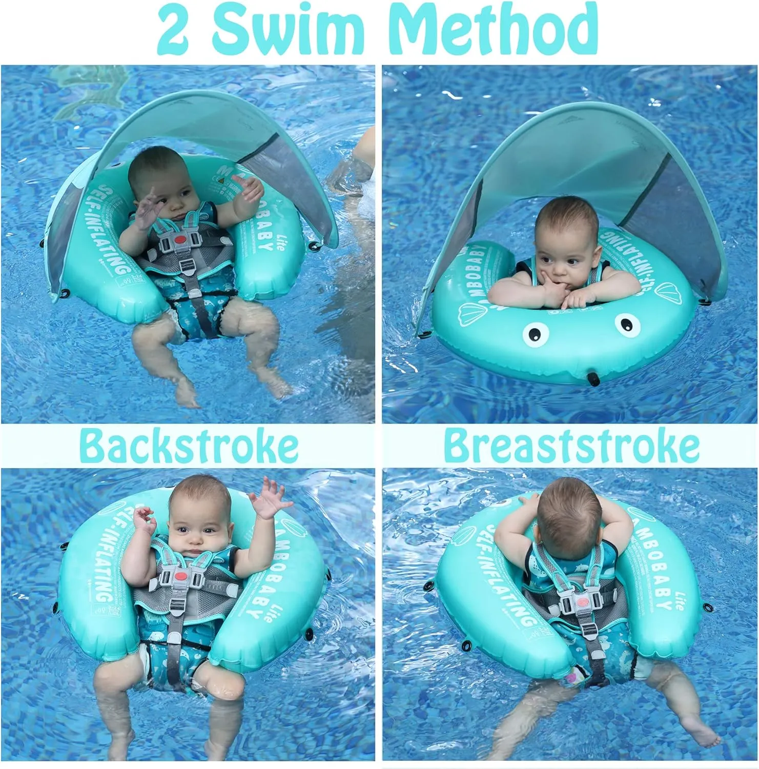 Mambobaby Float Self-Inflating Baby Swim Float with Canopy, Compressible Folding Pool Baby Float, Upgrade Soft Waterproof Skin-Friendly Material Toddler Swim Float (Standard Edition)