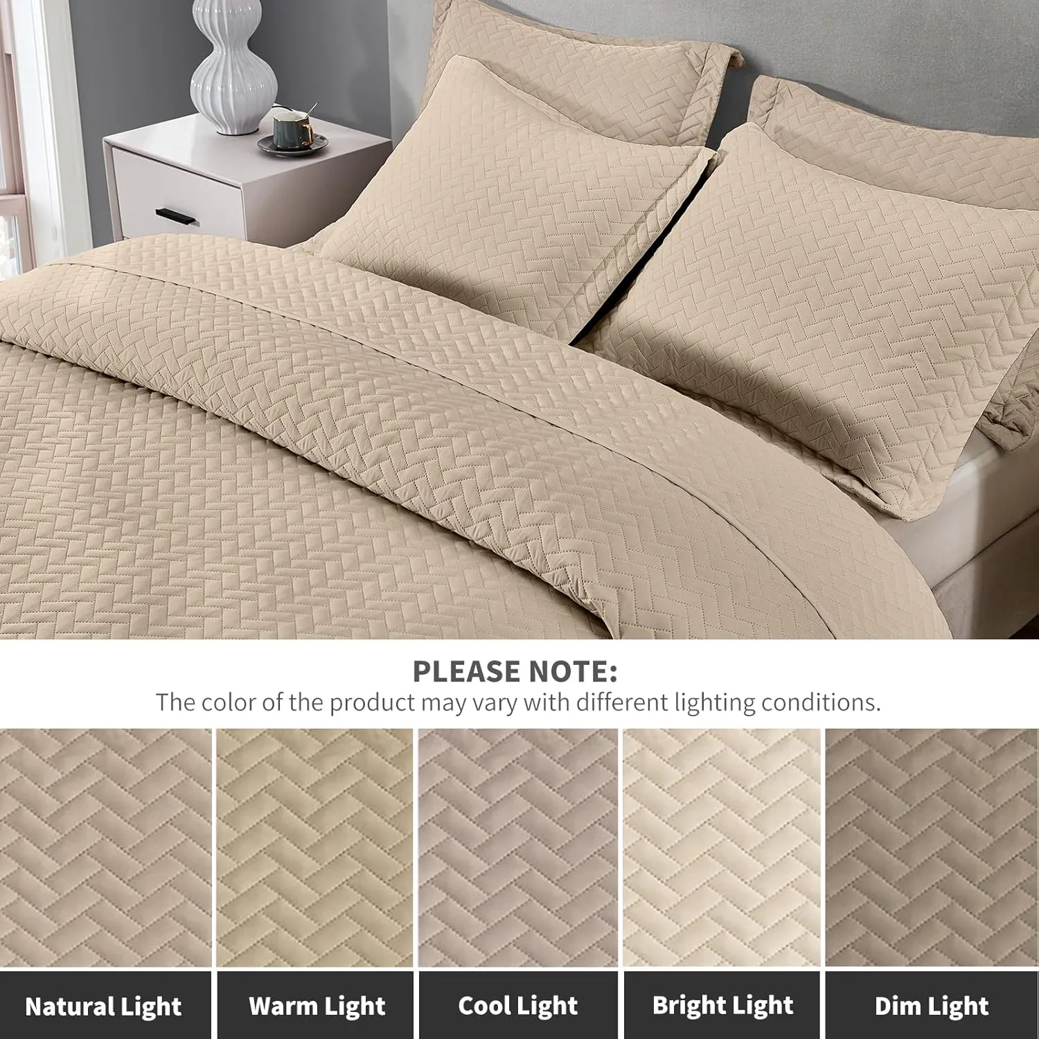 Maple&Stone Quilt Set Queen Size, Lightweight Beige Bedspread Ultrasonic Chevron Pattern Light Coverlet for All Season Comforter Bedding Decor - 3 Piece Full Bed Cover Sets