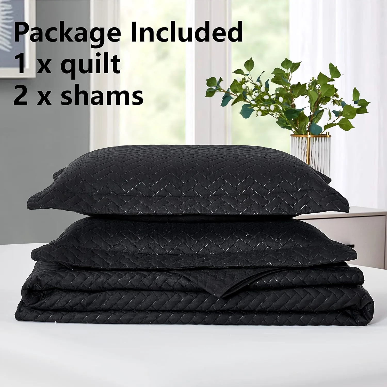 Maple&Stone Quilt Set Queen Size, Lightweight Black Bedspread Ultrasonic Chevron Pattern Light Coverlet for All Season Comforter Bedding Decor - 3 Piece Full Bed Cover Sets