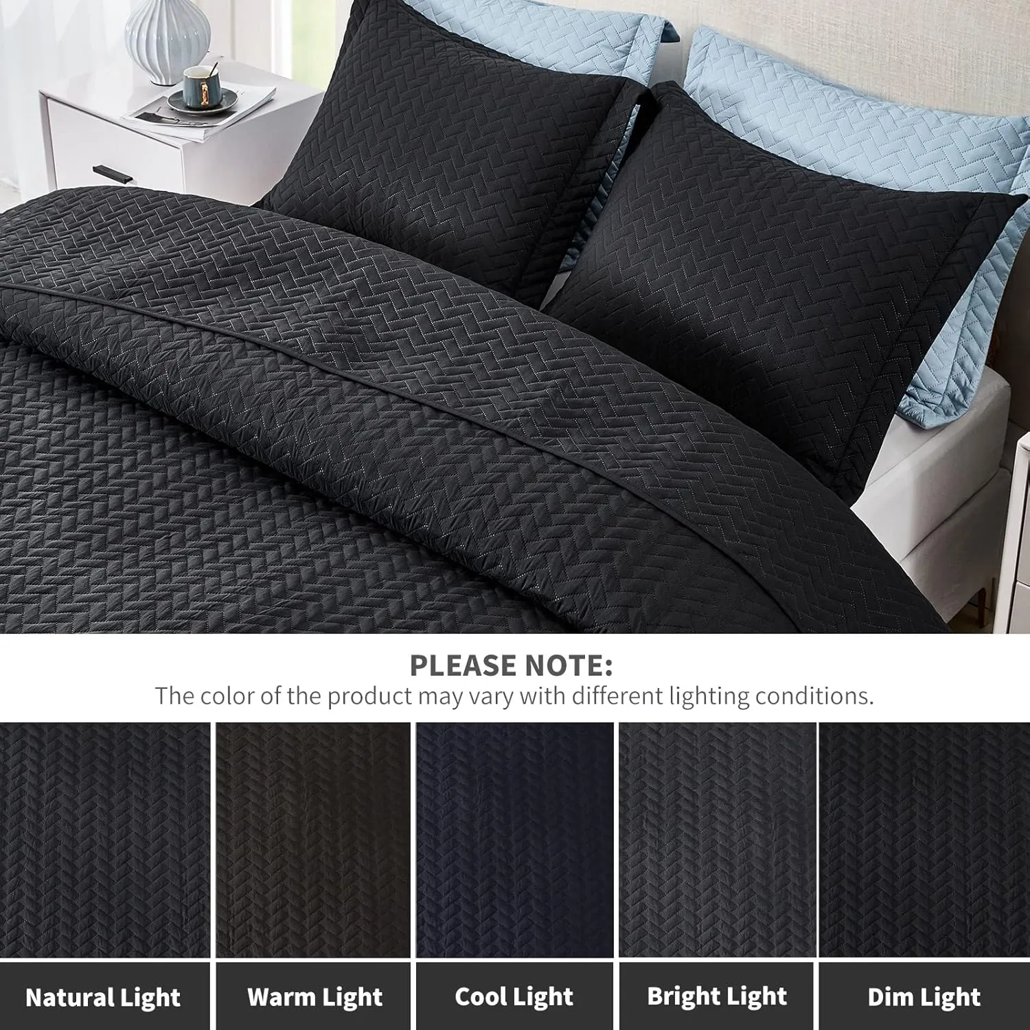Maple&Stone Quilt Set Queen Size, Lightweight Black Bedspread Ultrasonic Chevron Pattern Light Coverlet for All Season Comforter Bedding Decor - 3 Piece Full Bed Cover Sets