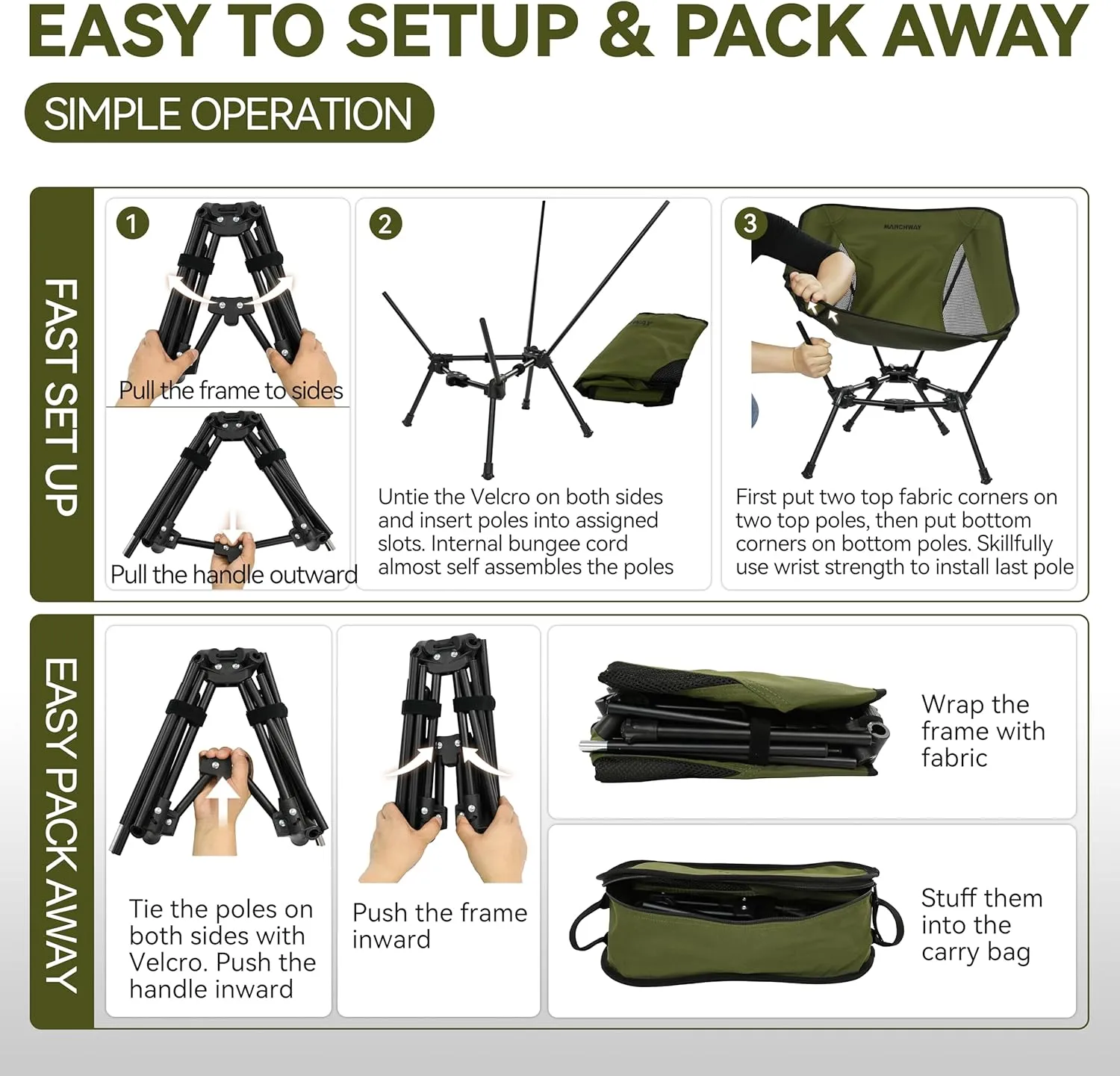 MARCHWAY Lightweight Folding Camping Chair, Stable Portable Compact for Outdoor Camp, Travel, Beach, Picnic, Festival, Hiking, Backpacking, Supports 330Lbs (Green)