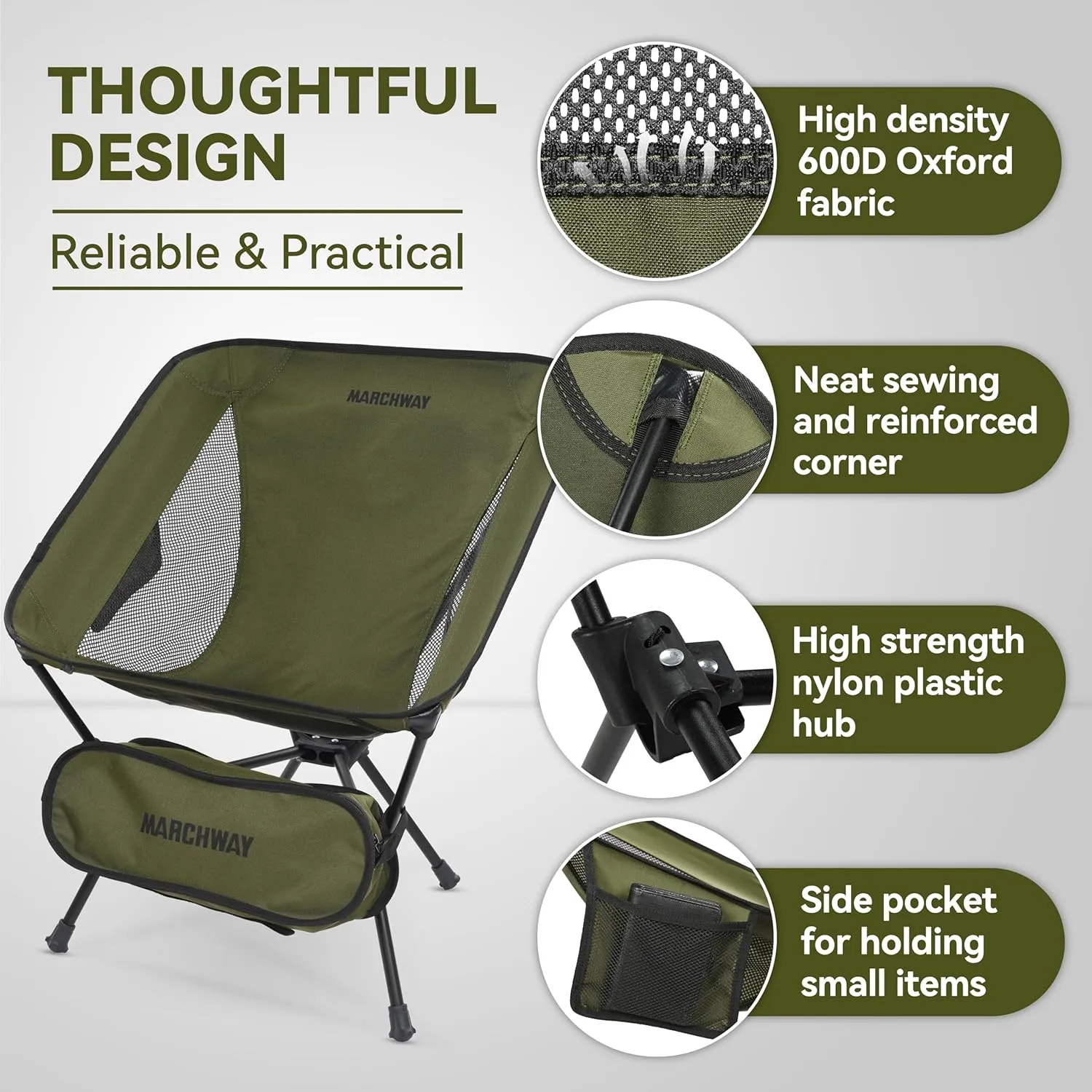 MARCHWAY Lightweight Folding Camping Chair, Stable Portable Compact for Outdoor Camp, Travel, Beach, Picnic, Festival, Hiking, Backpacking, Supports 330Lbs (Green)