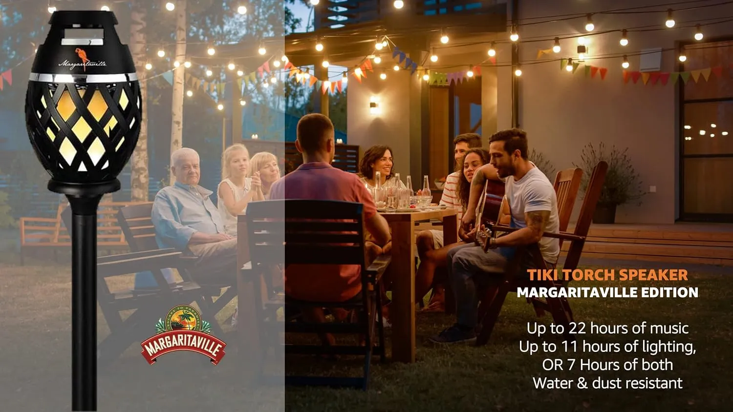 Margaritaville Tiki Torch - Waterproof Bluetooth Speaker, Portable Party Speaker with Flickering LED Lights, Perfect for Travel, Parties, Yards, and Pools 1 Pack