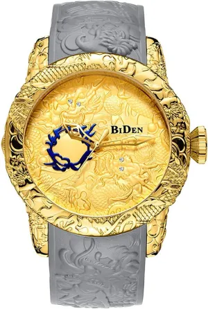 MASTOPMen Automatic Mechanical Watches 3D Engraved Dragon Big Dial Quartz Silicone Strap Waterproof Sport Wristwatch