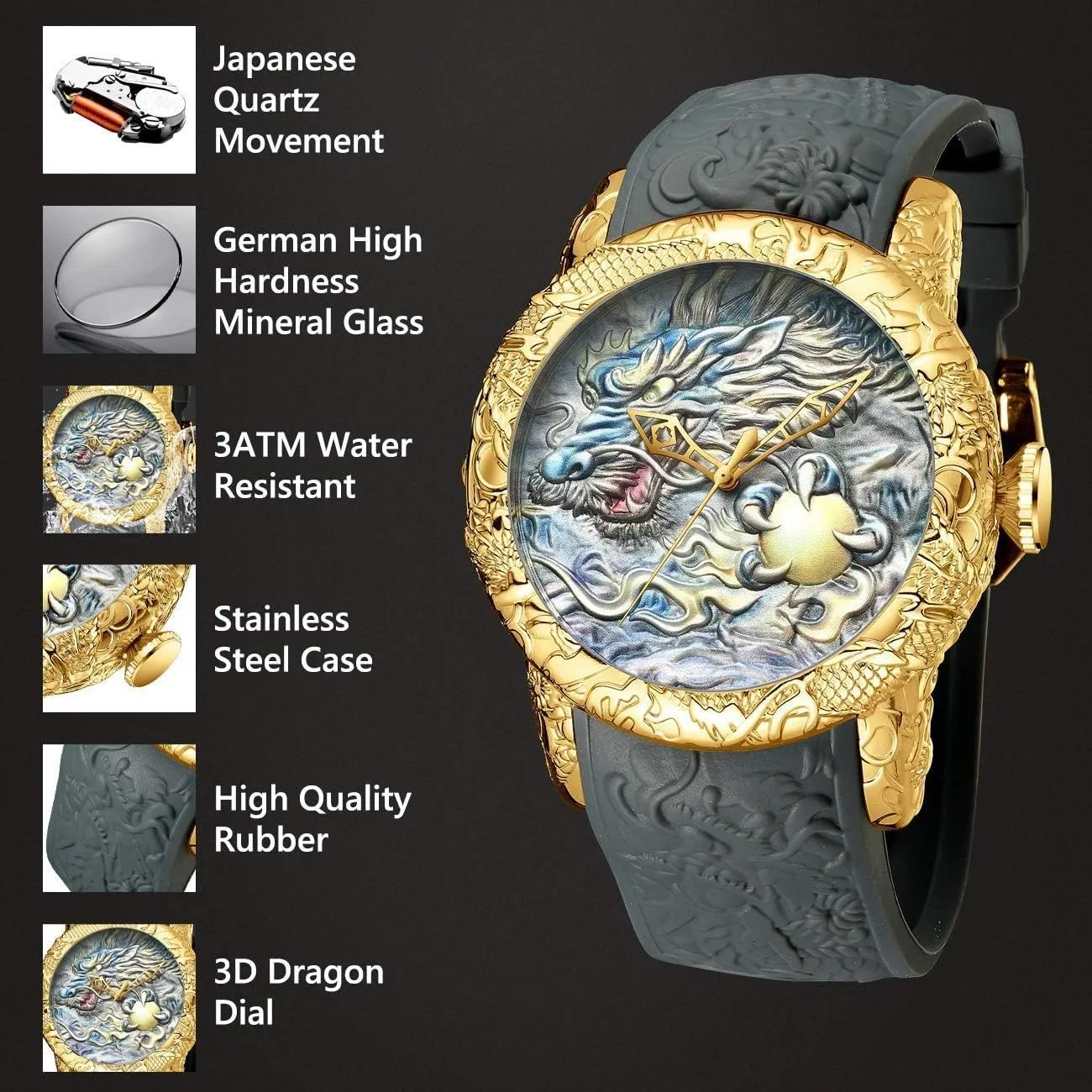 MASTOPMen Automatic Mechanical Watches 3D Engraved Dragon Big Dial Quartz Silicone Strap Waterproof Sport Wristwatch