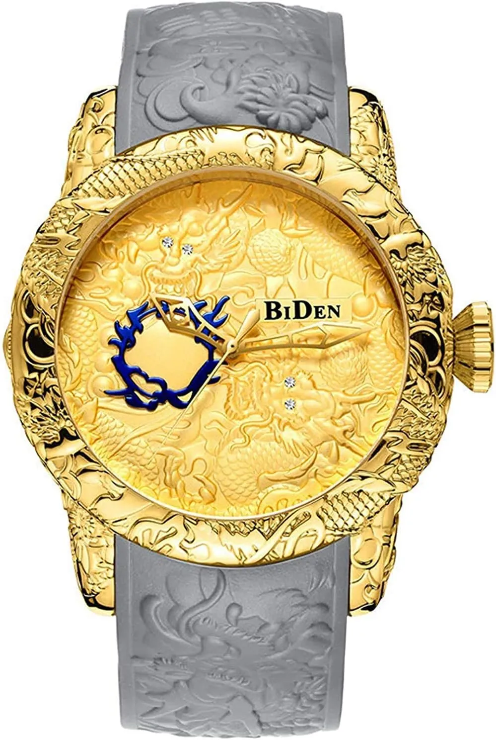 MASTOPMen Automatic Mechanical Watches 3D Engraved Dragon Big Dial Quartz Silicone Strap Waterproof Sport Wristwatch