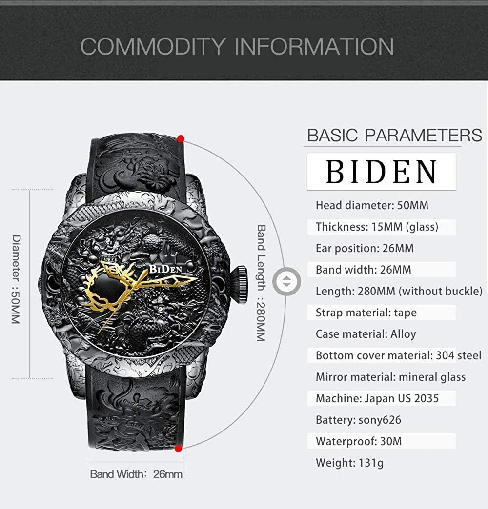 MASTOPMen Automatic Mechanical Watches 3D Engraved Dragon Big Dial Quartz Silicone Strap Waterproof Sport Wristwatch