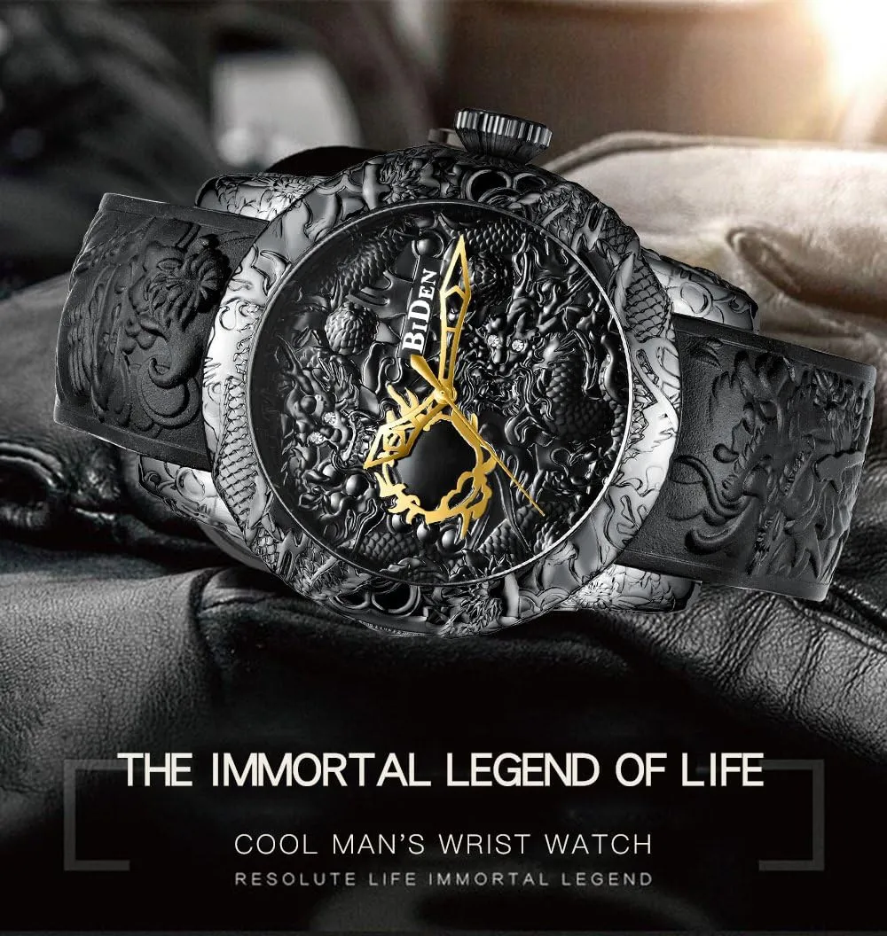 MASTOPMen Automatic Mechanical Watches 3D Engraved Dragon Big Dial Quartz Silicone Strap Waterproof Sport Wristwatch