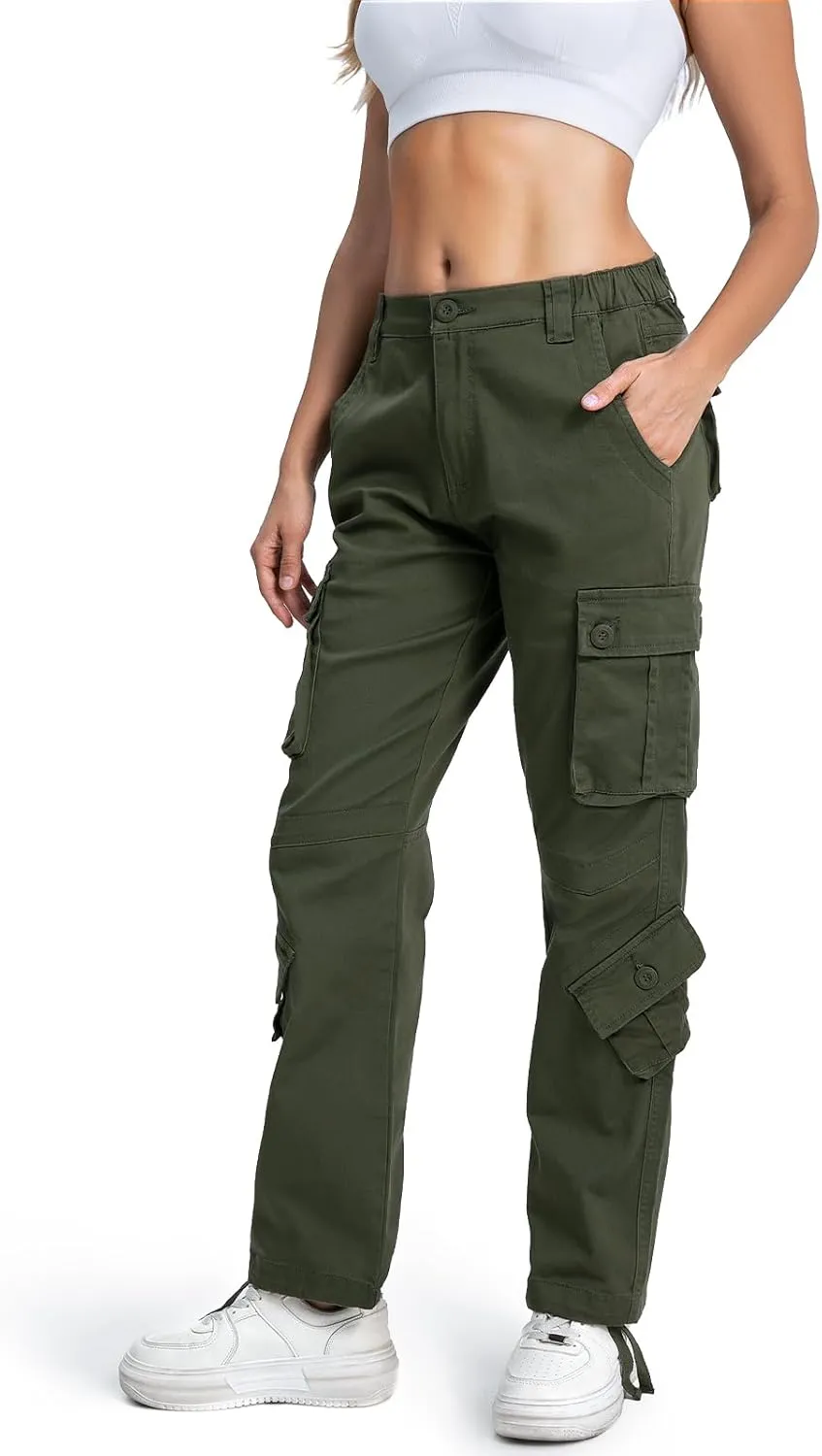 Matchstick Womens Cargo Pants with 8 Pockets Baggy Utility Work Pants for Hiking Travel Outdoor All Season Daily Wear
