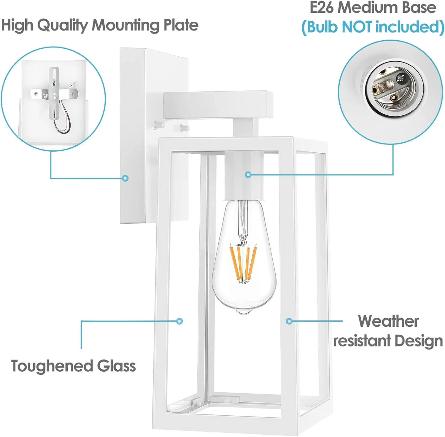MAXvolador Outdoor Wall Sconce, Exterior Waterproof Lantern Light Fixtures, White Porch Light Toughened Glass, Anti-Rust E26 Patio Lighting, 2 Pack