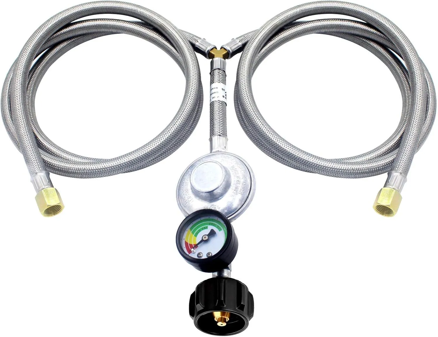 MCAMPAS 5FT Y-Splitter Low Pressure Propane Regulator Double Hoses for Kitchen Gas Appliances (Grill & Side Burner) & Heater - Type-1 (QCC1) Tank Connect & Gauge,3/8" Female Flare Nut