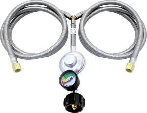 MCAMPAS 5FT Y-Splitter Low Pressure Propane Regulator Double Hoses for Kitchen Gas Appliances (Grill & Side Burner) & Heater - Type-1 (QCC1) Tank Connect & Gauge,3/8" Female Flare Nut